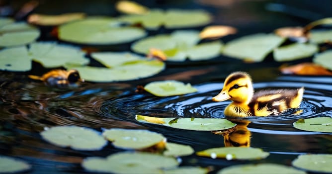 A duckling swims in the lake. Generative AI. High quality photo