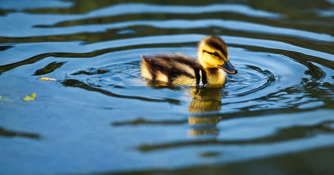 A duckling swims in the lake. Generative AI. High quality photo