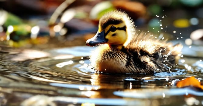 A duckling swims in the lake. Generative AI. High quality photo