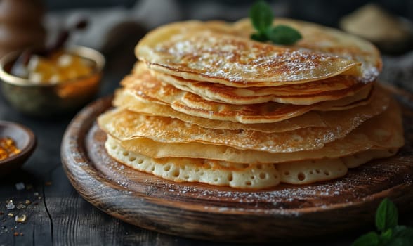 A stack of pancakes arranged neatly on a wooden plate.