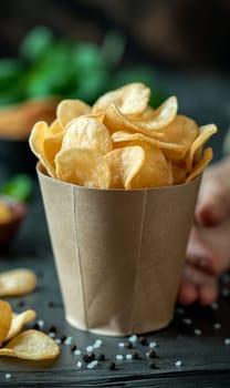 Close-up of a person holding a paper cup filled with crispy chips.