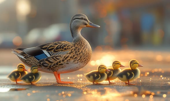 Ducklings follow mother on city street in golden light.