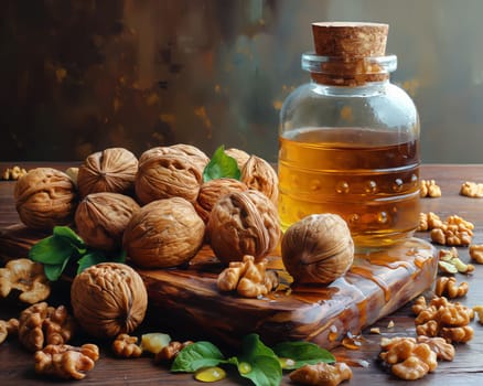 Bottle of walnut oil next to a bunch of walnuts.