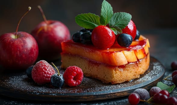 A piece of cake with fruit on top displayed on a plate.