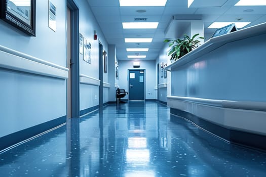 Empty modern hospital corridor, interior clinic corridor background with blue walls. Medical services concept