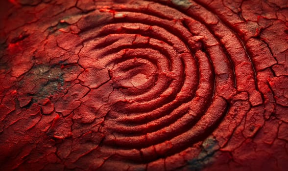 Detailed view of red rock featuring intricate spiral design.