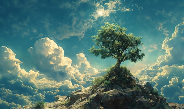 Tree stands on mountain peak, clouds in sky.
