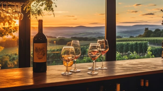 Red wine swirls in a glass. A bush of grapes before harvest. A hand holds a glass of white wine against a vineyard in the background of a rural landscape during sunset. Wine making, vineyards, tourism business, small and private business,