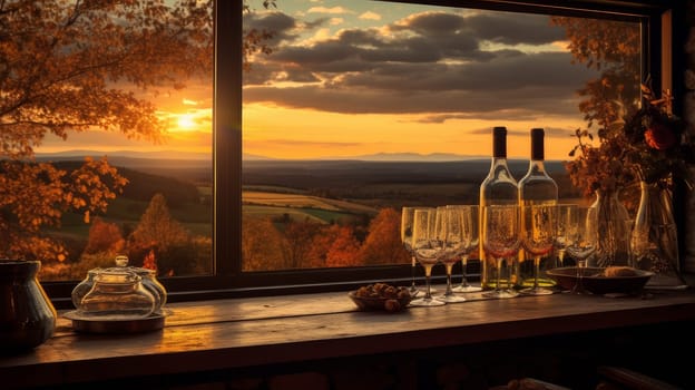 Red wine swirls in a glass. A bush of grapes before harvest. A hand holds a glass of white wine against a vineyard in the background of a rural landscape during sunset. Wine making, vineyards, tourism business, small and private business,