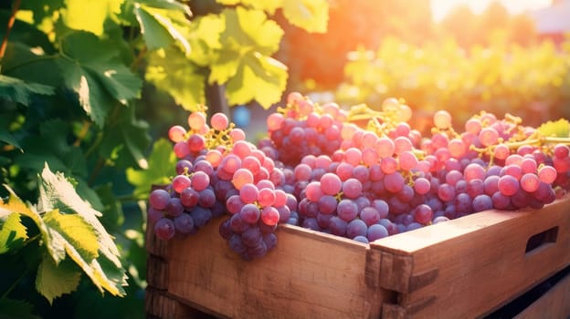 Collection of red rose grapes. Grapes in a basket and in the vineyard. Autumn mood in the wine industry countryside against backdrop sun. Wine making, vineyards, tourism business small and private business, chain restaurant, flavorful food and drinks