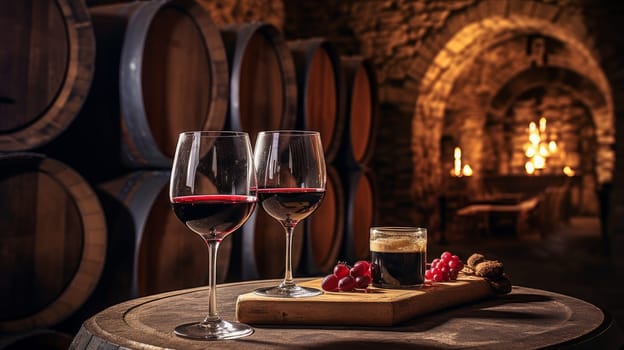 Wine cellar with wine barrels, modern and clean with oak barrels for aging and transport. Wine making, vineyards, tourism business, small and private business, chain restaurant, flavorful food and drinks