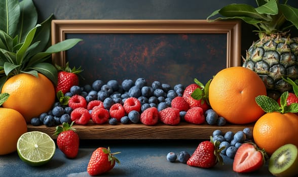 Painting of assorted fruits - pineapple, oranges, raspberries.