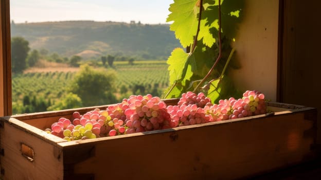 Collection of red rose grapes. Grapes in a basket and in the vineyard. Autumn mood in the wine industry countryside against backdrop sun. Wine making, vineyards, tourism business small and private business, chain restaurant, flavorful food and drinks