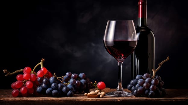 Refined still life with red wine, cheese and grapes on a wicker tray on a wooden table on a dark background. Wine making, vineyards, tourism business, small and private business, chain restaurant, flavorful food and drinks