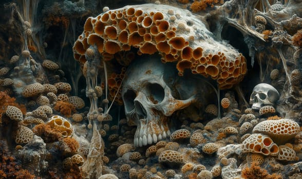 A skull nestled in the vibrant coral reef ecosystem underwater.