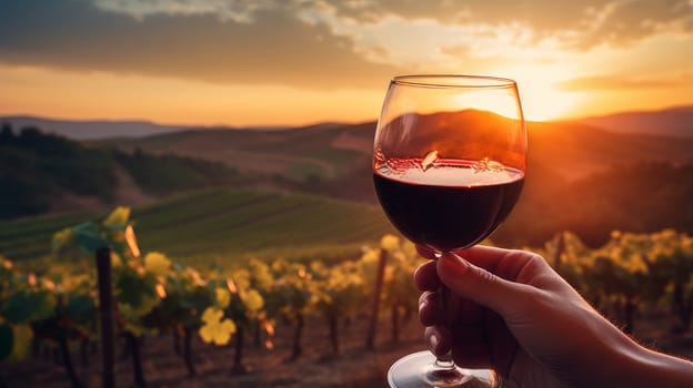 Red wine swirls in a glass. A bush of grapes before harvest. A hand holds a glass of white wine against a vineyard in the background of a rural landscape during sunset. Wine making, vineyards, tourism business, small and private business,