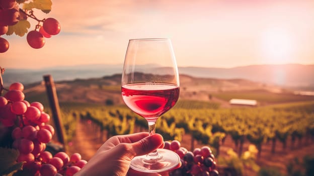 Red wine swirls in a glass. A bush of grapes before harvest. A hand holds a glass of white wine against a vineyard in the background of a rural landscape during sunset. Wine making, vineyards, tourism business, small and private business,