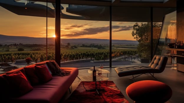 Beautiful modern living room overlooking a vineyard plantation against a sunset background. Wine making, vineyards, tourism business, small and private business, chain restaurant, flavorful food and drinks