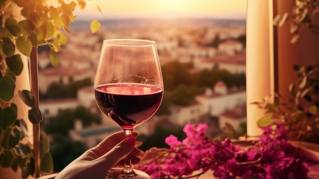 Red wine swirls in a glass. A bush of grapes before harvest. A hand holds a glass of white wine against a vineyard in the background of a rural landscape during sunset. Wine making, vineyards, tourism business, small and private business,