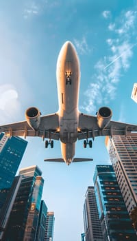 An airplane manufactured by an aerospace manufacturer is soaring through the sky over a city, passing by buildings below as it travels through the air