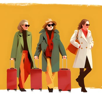 Three women are strolling in red overcoats, carrying matching red suitcases on a sunny yellow background. They sport sunglasses, hats, and stylish outerwear