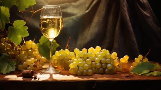 Refined still life with white wine, cheese and grapes on a wicker tray on a wooden table on a dark background. Wine making, vineyards, tourism business, small and private business, chain restaurant, flavorful food and drinks