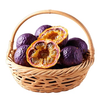 Dried passion fruit halves in a cosmic wicker basket dark purple with a wrinkled surface. Food isolated on transparent background.