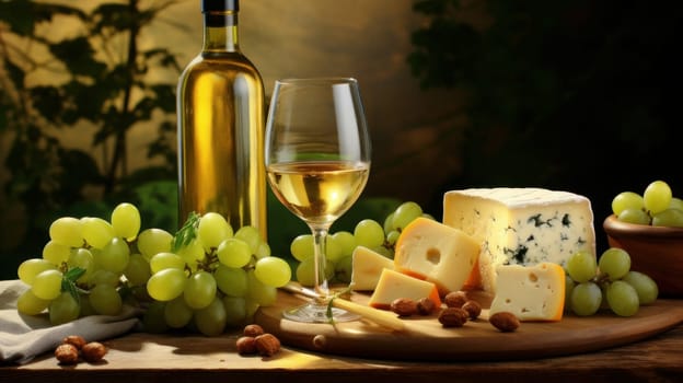 Refined still life with white wine, cheese and grapes on a wicker tray on a wooden table on a dark background. Wine making, vineyards, tourism business, small and private business, chain restaurant, flavorful food and drinks