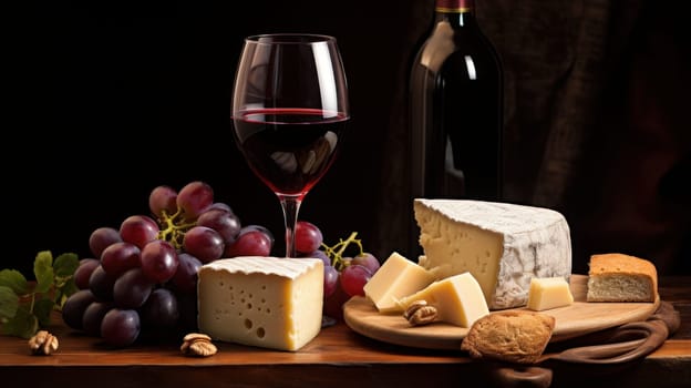 Refined still life with red wine, cheese and grapes on a wicker tray on a wooden table on a dark background. Wine making, vineyards, tourism business, small and private business, chain restaurant, flavorful food and drinks