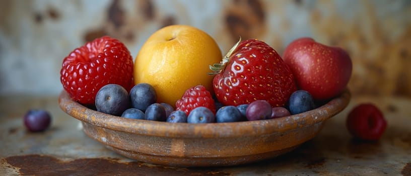 A variety of fresh fruits in a bowl on a wooden table.