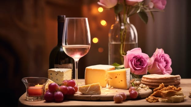 Refined still life with white wine, cheese and grapes on a wicker tray on a wooden table on a dark background. Wine making, vineyards, tourism business, small and private business, chain restaurant, flavorful food and drinks