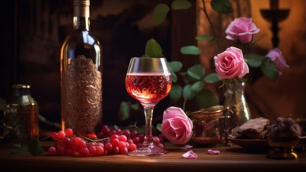 Exquisite still life with rose wine, cheese and grapes on a wicker tray on a wooden table on a dark background. Wine making, vineyards, tourism business, small and private business, chain restaurant, flavorful food and drinks