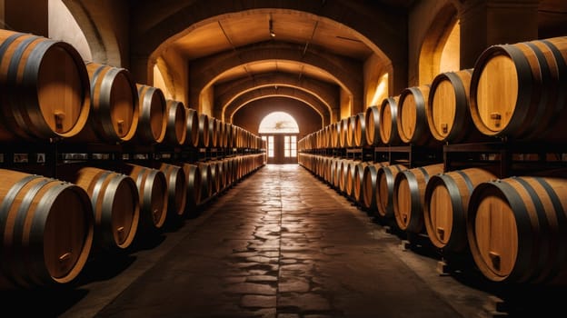 Wine cellar with wine barrels, modern and clean with oak barrels for aging and transport. Wine making, vineyards, tourism business, small and private business, chain restaurant, flavorful food and drinks