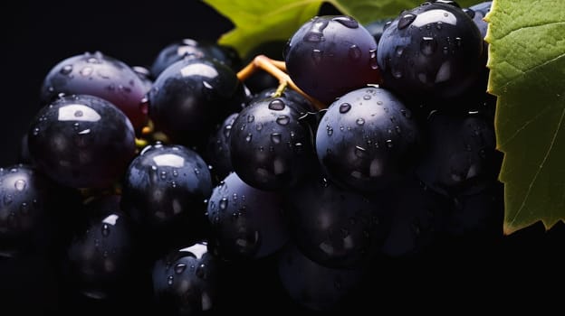 Blue black grapes with water drops, close-up background. Wine making, vineyards, tourism business, small and private business, chain restaurant, flavorful food and drinks