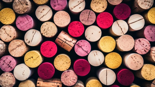 Wine corks background, shot from the top. Wine making, vineyards, tourism business, small and private business, chain restaurant, flavorful food and drinks