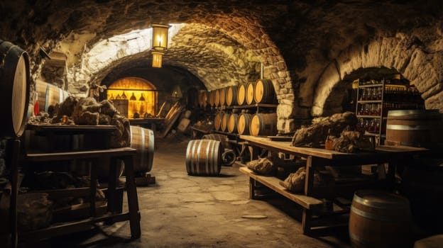 Wine cellar with wine barrels, modern and clean with oak barrels for aging and transport. Wine making, vineyards, tourism business, small and private business, chain restaurant, flavorful food and drinks