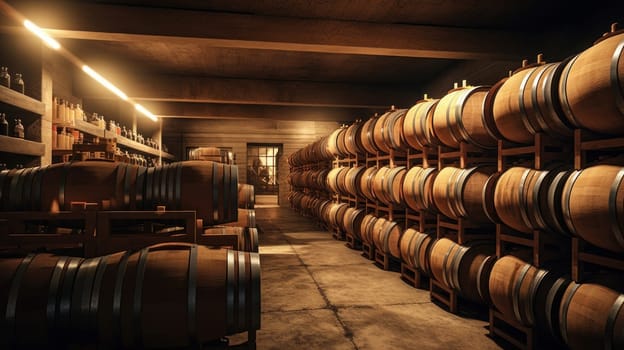 Wine cellar with wine barrels, modern and clean with oak barrels for aging and transport. Wine making, vineyards, tourism business, small and private business, chain restaurant, flavorful food and drinks