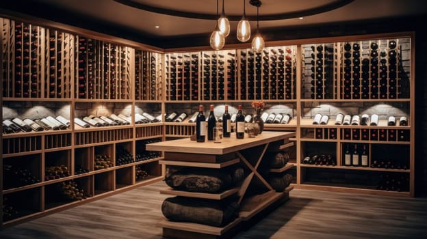 Wine cellar with wine barrels, modern and clean with oak barrels for aging and transport. Wine making, vineyards, tourism business, small and private business, chain restaurant, flavorful food and drinks