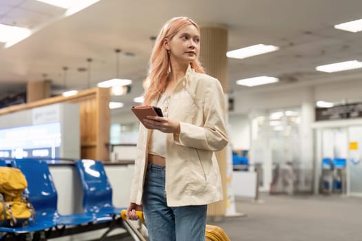 Young woman in airport terminal with luggage and smartphone, ready for travel. Modern travel lifestyle and solo female traveler.