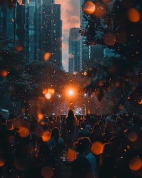 Evening city event with crowd of people, illuminated by warm lights, surrounded by trees and skyscrapers.