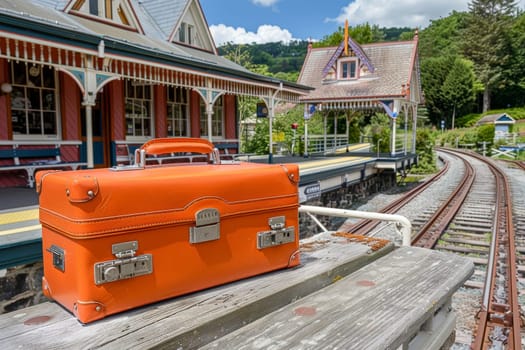 Vintage orange suitcase on a wooden bench at a quaint railway station, with tracks and greenery in the background.
