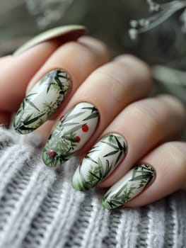 Close up of a womans holidaythemed nails with a Christmas tree design painted on them, showcasing festive nail art and manicure care