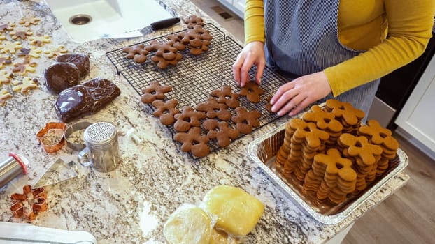 After baking to perfection, these delightful gingerbread cookies are now cooling gracefully on a wire rack, filling the modern kitchen with a warm and inviting aroma.