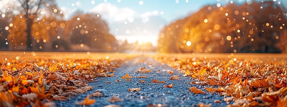 Beautiful autumn landscape with falling yellow leaves covering the ground. The blue sky and the warming sun. Natural autumnal concept. Advertising presentation with space for copy.