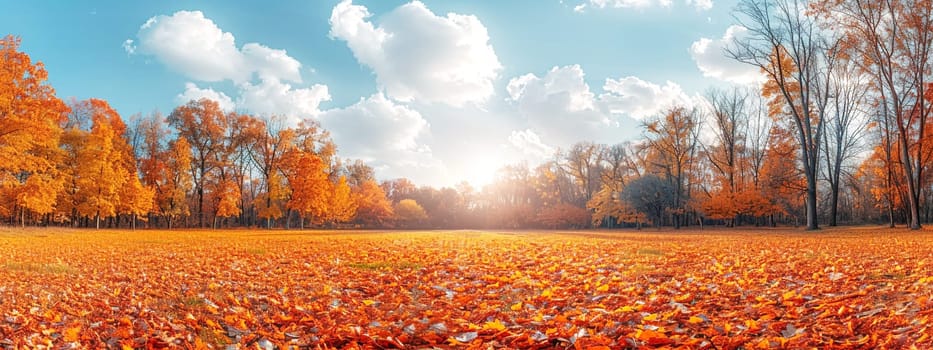 Beautiful autumn landscape with falling yellow leaves covering the ground. The blue sky and the warming sun. Natural autumnal concept. Advertising presentation with space for copy.