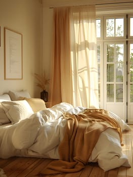 An interior design featuring a comfortable bed with a wooden bed frame, hardwood floor, and a large window with curtains, creating a cozy atmosphere in the bedroom