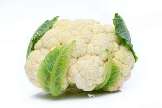 This picture shows a pair of fresh white cauliflower on a white background. 3