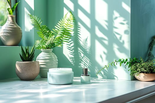 Cosmetic Composition. Beautiful green pastel cosmetic skincare makeup containers standing on white table. On the wall reflects the sunlight and shadows. Women make up concept. Copy space.