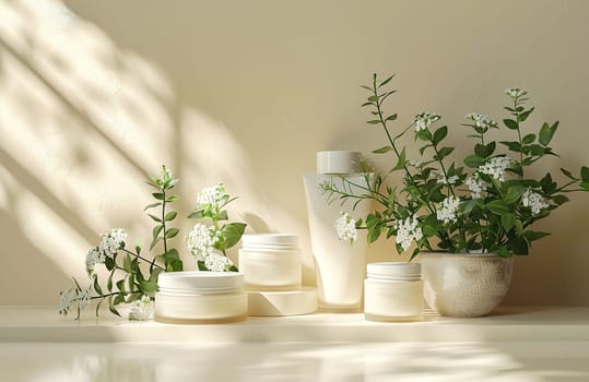 Cosmetic Composition. Beautiful ivory color cosmetic skincare makeup containers standing on white table. On the wall reflects the sunlight and shadows. Women make up concept. Copy space.