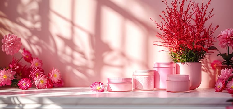 Cosmetic Composition. Beautiful pinkcolor cosmetic skincare makeup containers standing on white table. On the wall reflects the sunlight and shadows. Women make up concept. Copy space.